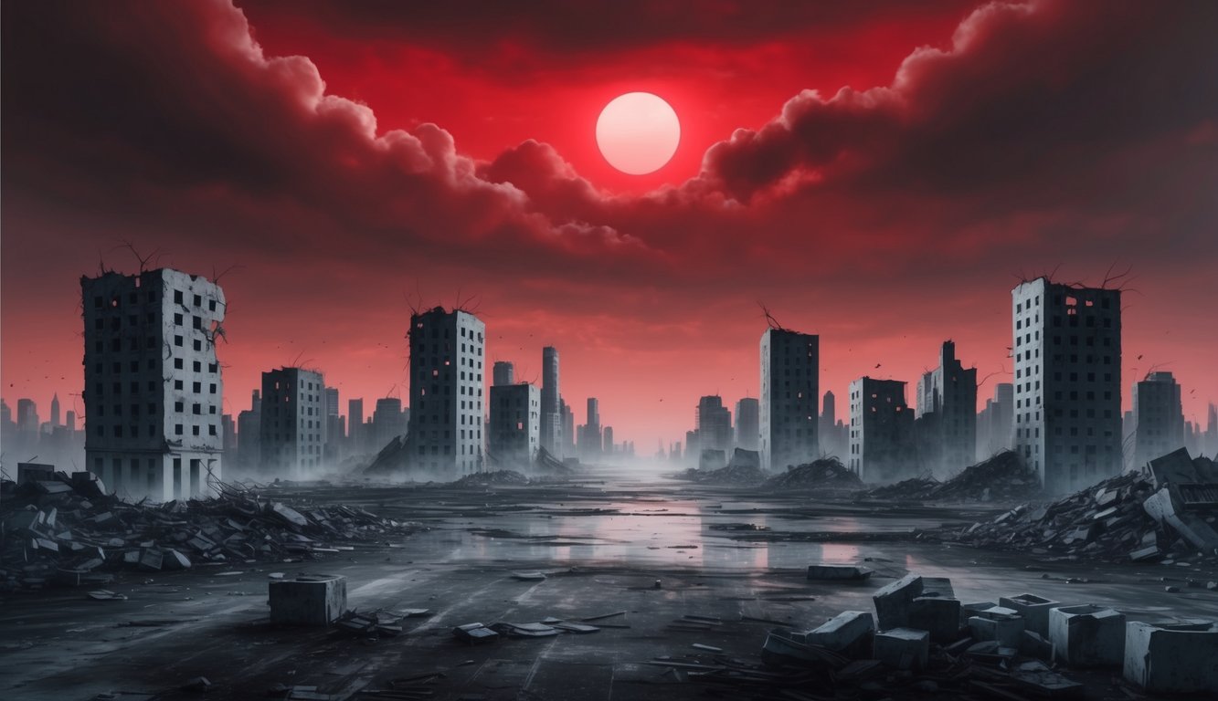 A desolate cityscape with crumbling buildings and a red sky, symbolizing fear and uncertainty about the future