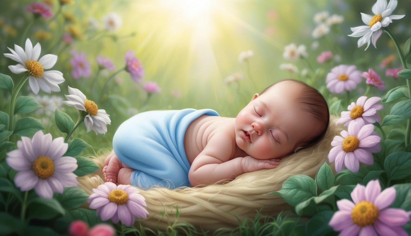 A small, innocent baby nestled among blooming flowers in a peaceful, sunlit garden