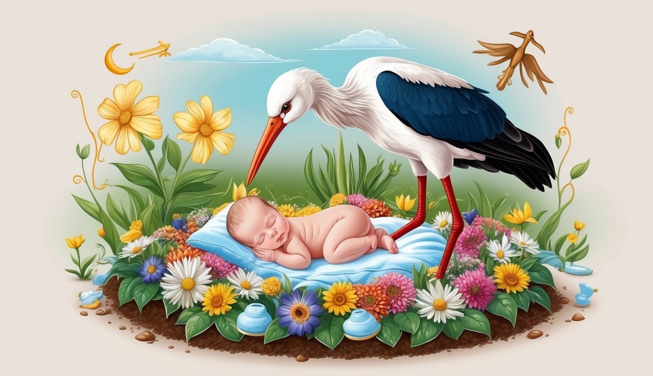 A stork gently places a sleeping baby in a blooming flower bed, surrounded by symbols of new life and growth