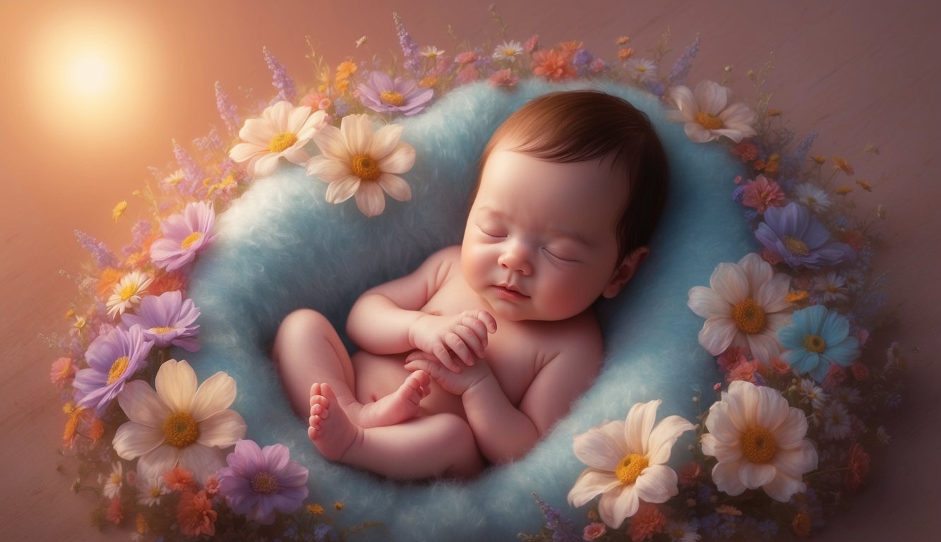 A small, delicate baby nestled in a bed of soft, colorful flowers, surrounded by a warm, glowing light