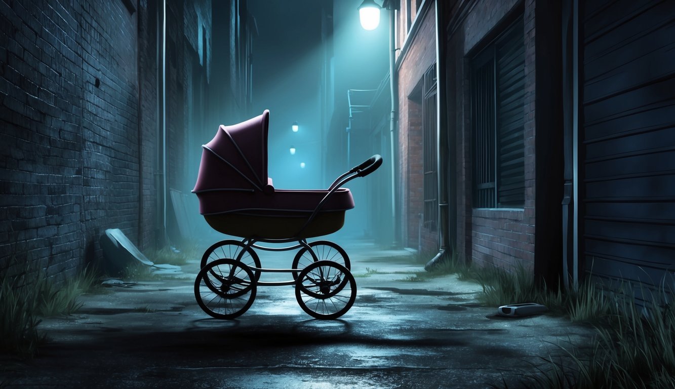 A lone baby carriage sits abandoned in a dimly lit alley, shrouded in darkness and mystery