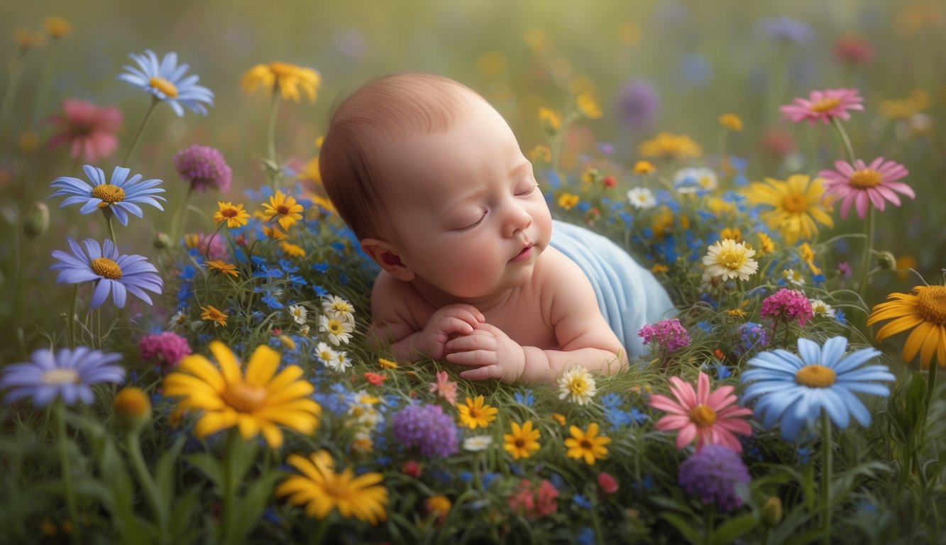 A small, delicate baby nestled in a bed of colorful wildflowers.</p><p>A sense of wonder and innocence emanates from the scene