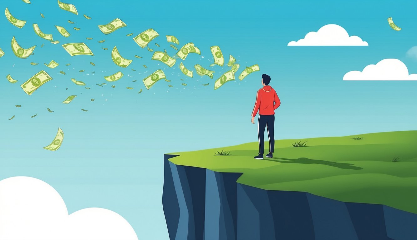 A person standing on a cliff, watching money fly away in the wind