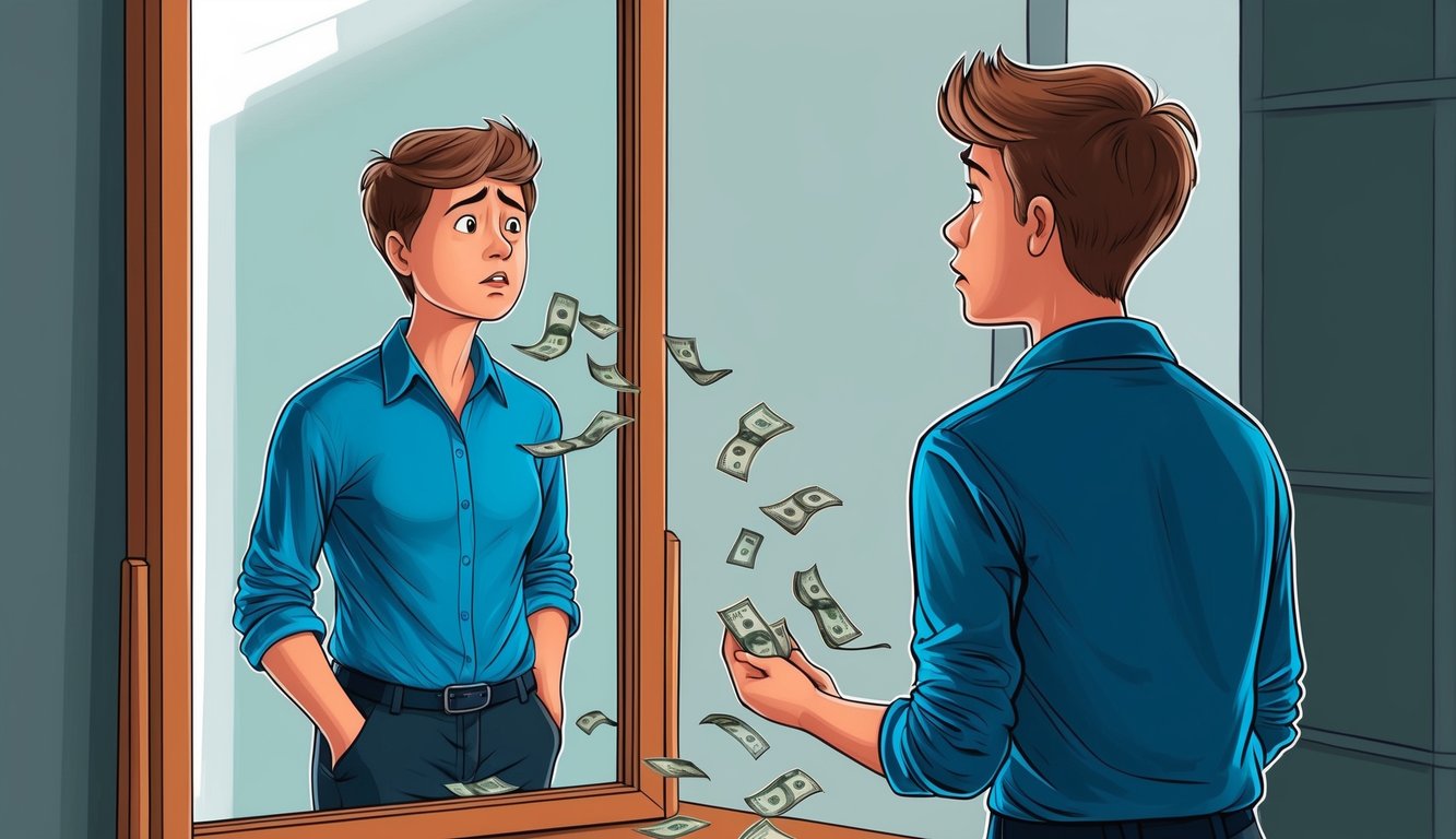 A person standing in front of a mirror, looking at their reflection with a concerned expression as money falls from their pockets