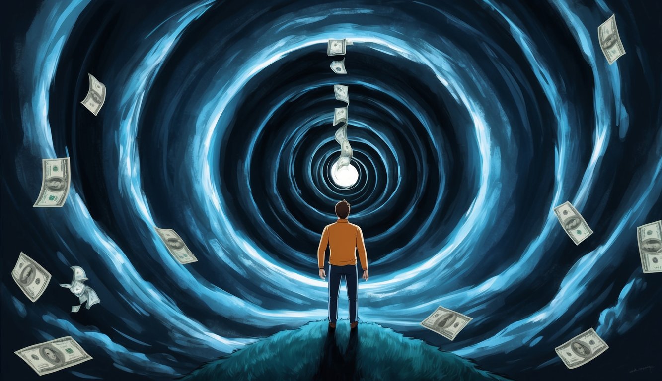 A person standing in front of a dark, swirling vortex, watching helplessly as money is sucked into the abyss