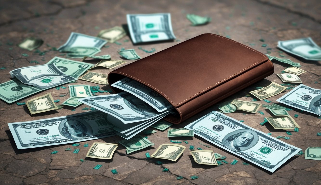 A wallet lying open with money spilling out onto the ground, surrounded by scattered bills and a look of distress