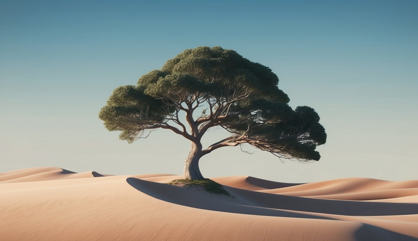 A lone tree sways in the wind, bending and adapting to the changing waves of the landscape