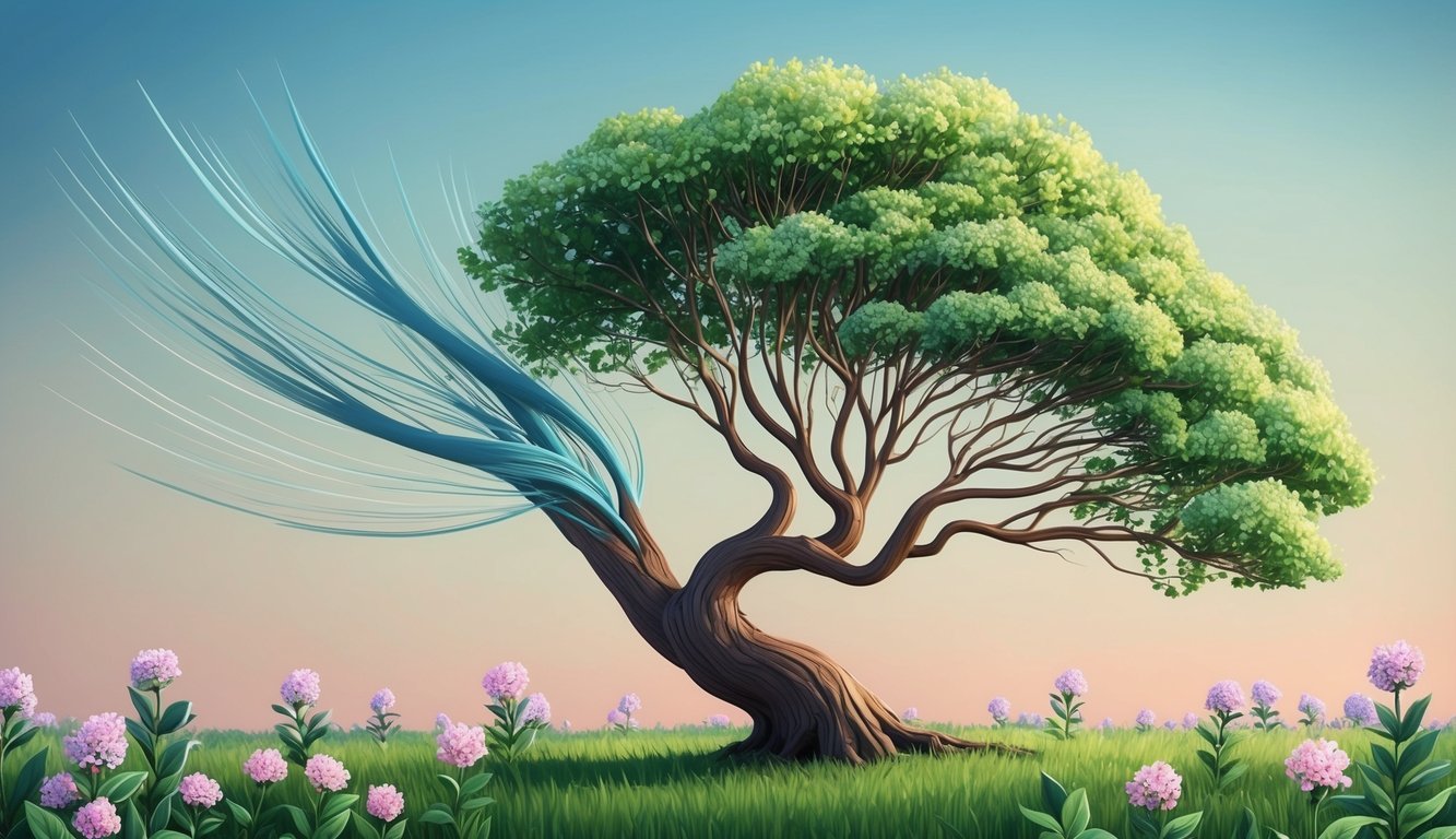 A tree bending and swaying in the wind, surrounded by blooming flowers and vibrant greenery, symbolizing adaptability and growth