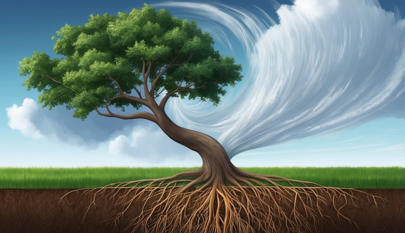 A tree bending and swaying in the wind, while its roots remain firmly planted in the ground