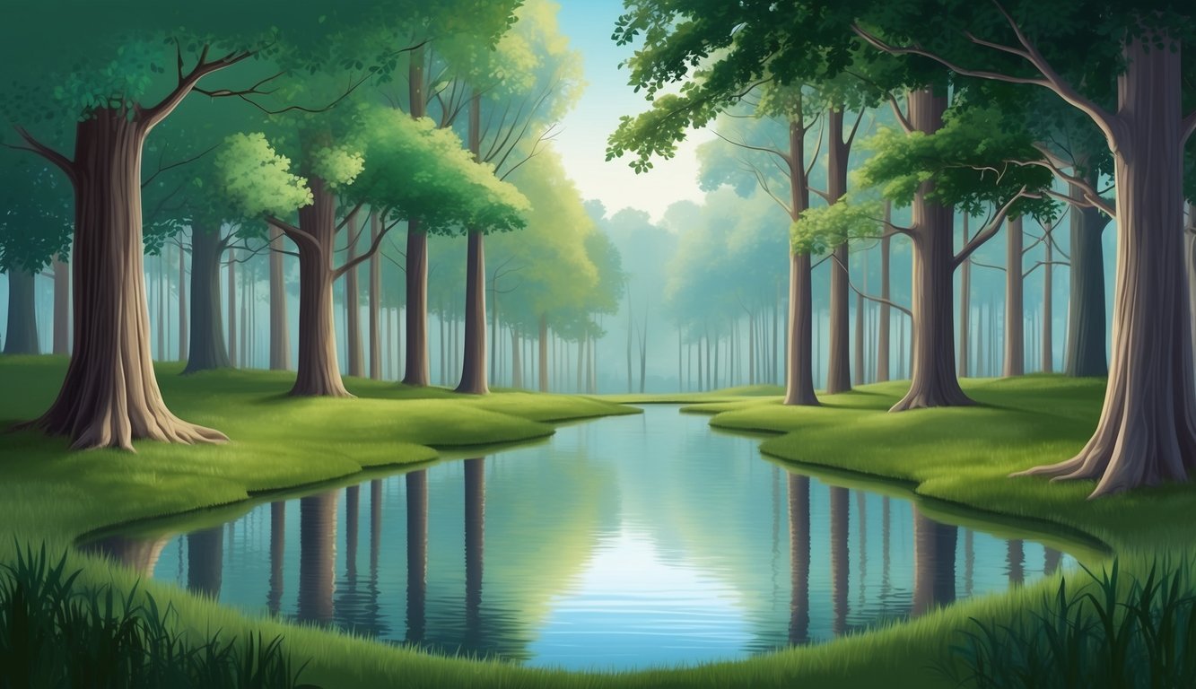 A serene forest clearing with a tranquil pond reflecting the surrounding trees, evoking a sense of introspection and inner peace