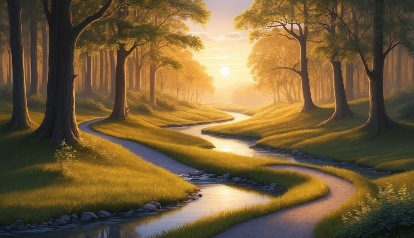 A winding path through a serene forest, with a tranquil stream reflecting the golden hues of the setting sun