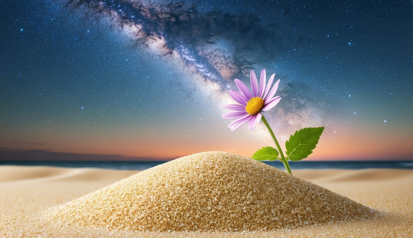 A single grain of sand on a beach, with a wildflower blooming beside it, under a vast sky filled with stars