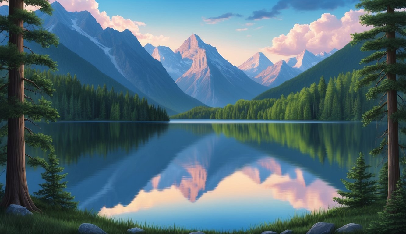 A serene lake surrounded by towering mountains, reflecting the sky and trees, symbolizing inner reflection and introspection