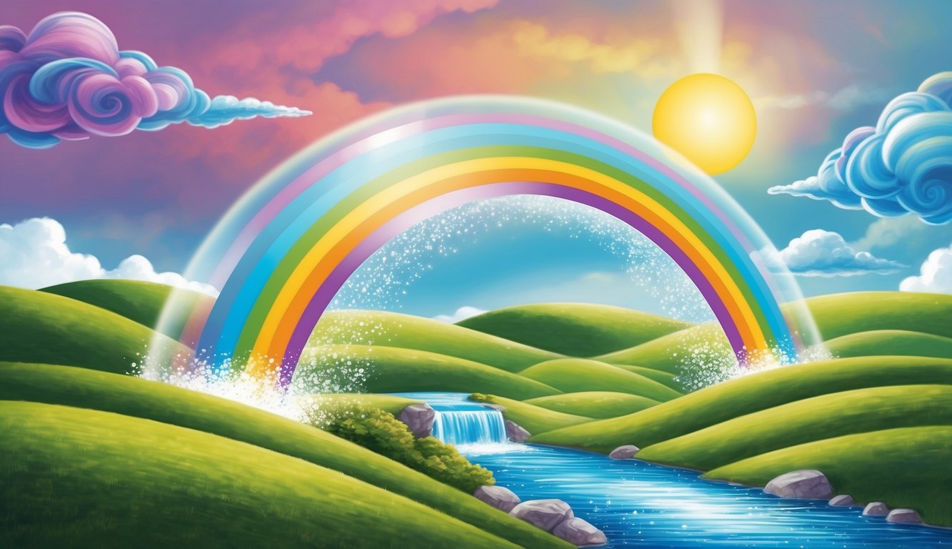 A vibrant rainbow arches over a serene landscape of rolling hills and a sparkling waterfall.</p><p>The sky is filled with a colorful display of swirling clouds and a golden sun