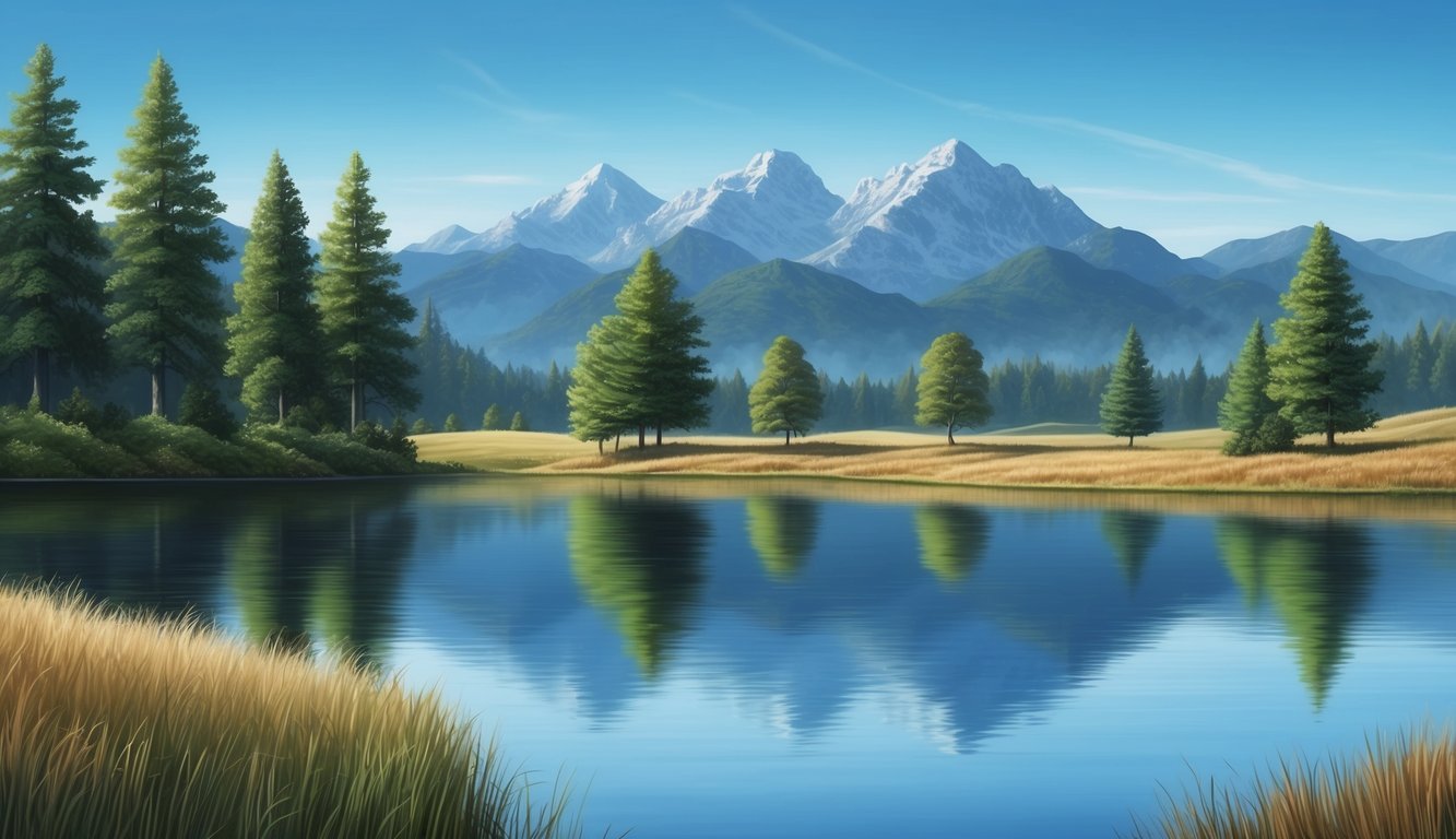 A serene landscape with a calm lake reflecting the surrounding trees and mountains under a clear blue sky