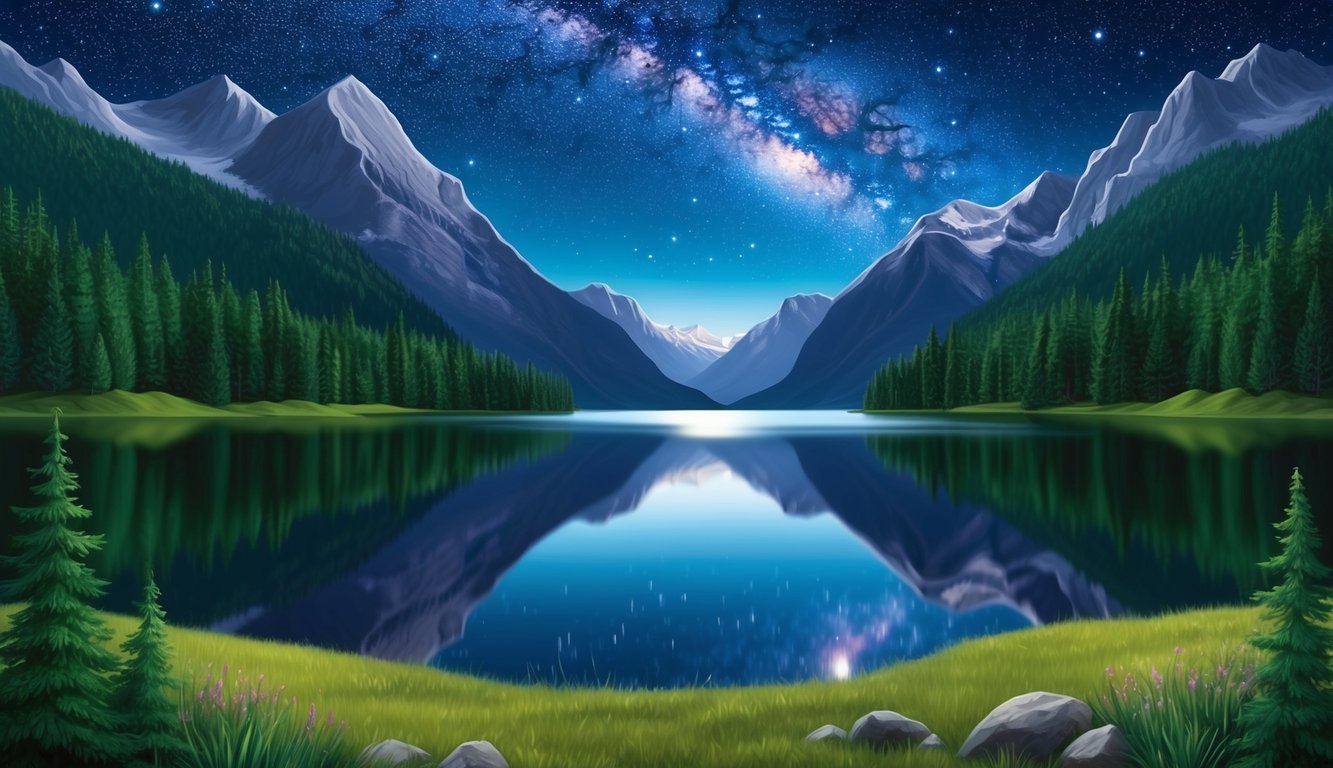 A serene lake reflecting a starry night sky, surrounded by towering mountains and lush forests, evoking a sense of introspection and inner transformation