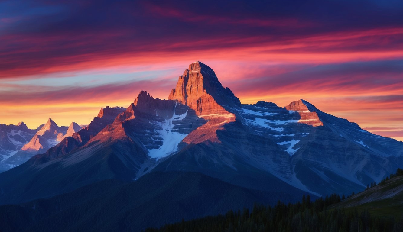 A majestic mountain range rises against a vivid sunset sky, beckoning with its grandeur and mystery