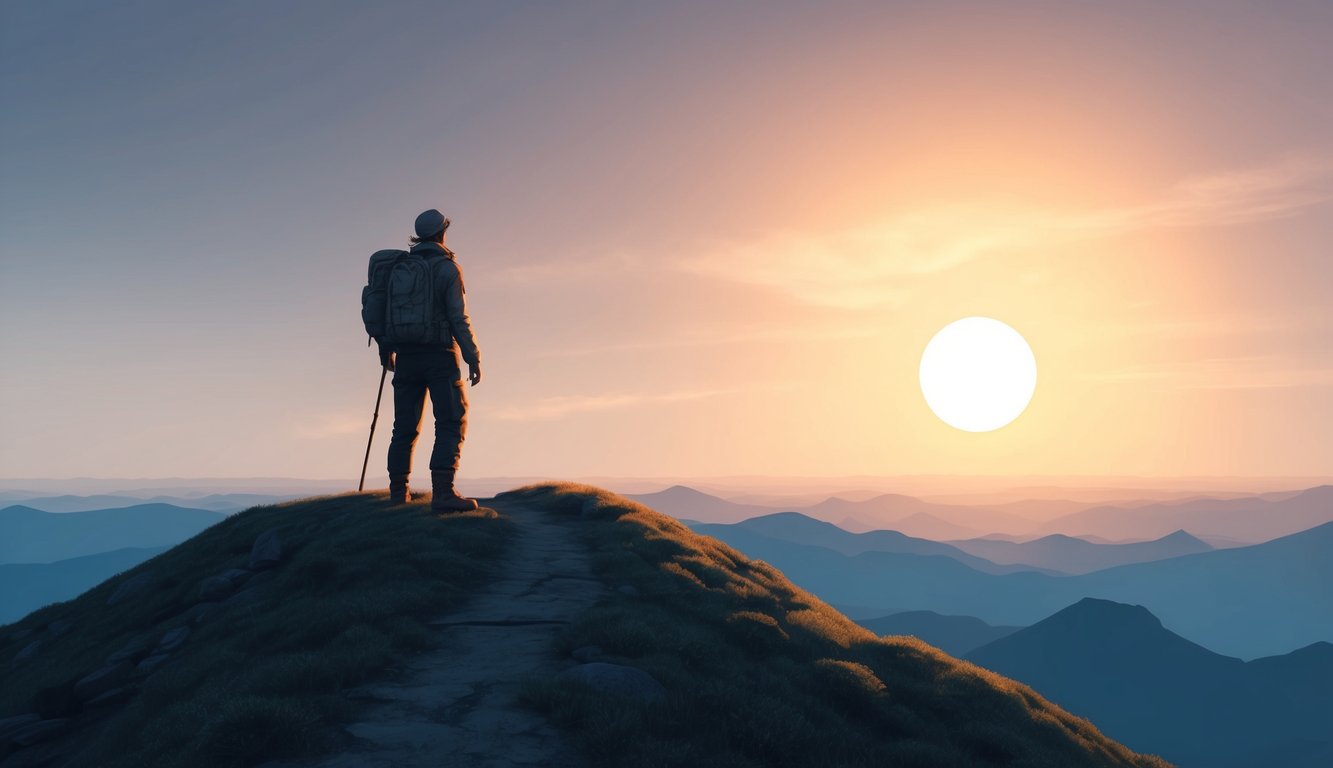 A solitary figure stands atop a mountain, gazing out at a vast, unexplored landscape.</p><p>The sun sets behind them, casting a warm glow over the scene