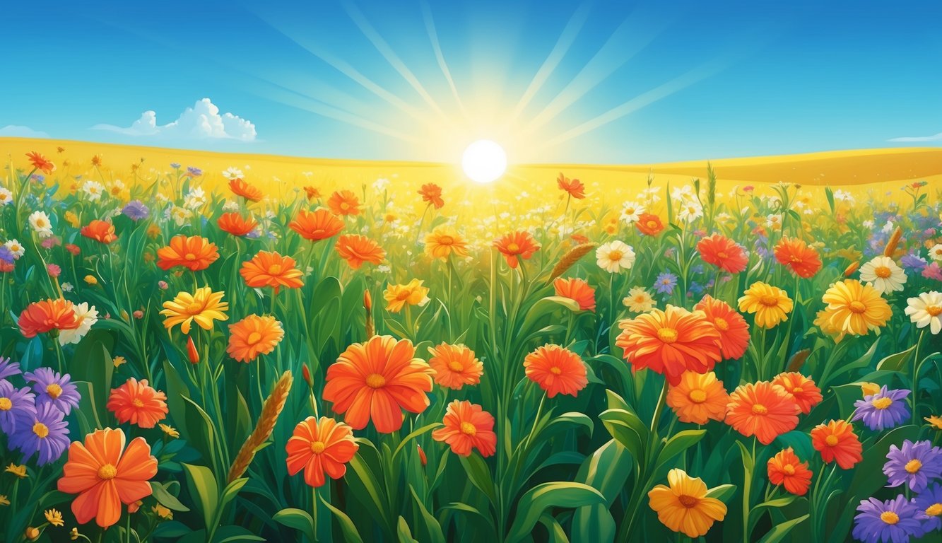 A sunlit field with vibrant flowers and a clear blue sky, casting no shadows