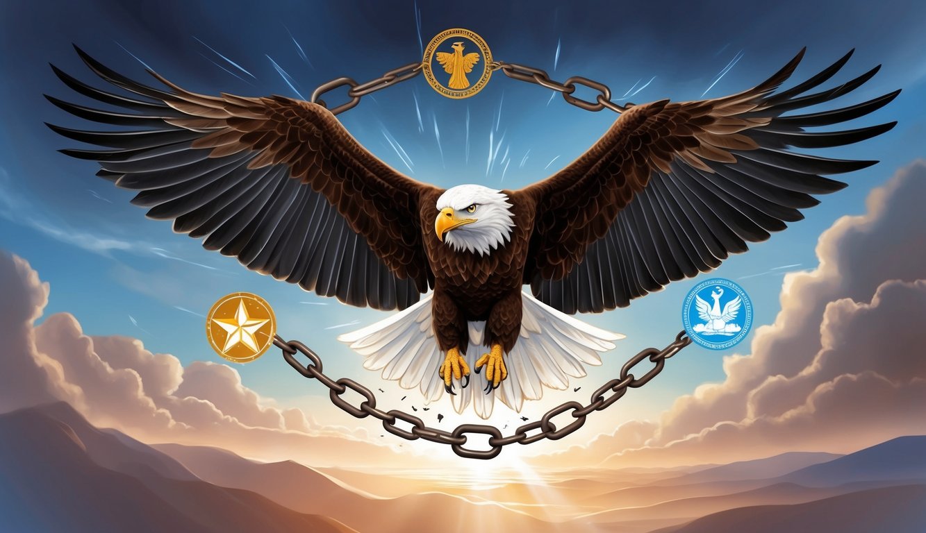 A soaring eagle breaking free from chains, surrounded by symbols of freedom and empowerment