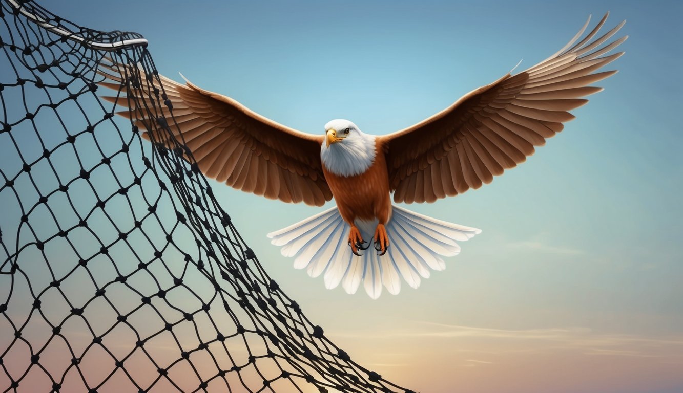 A soaring bird breaking through a net, symbolizing freedom and independence