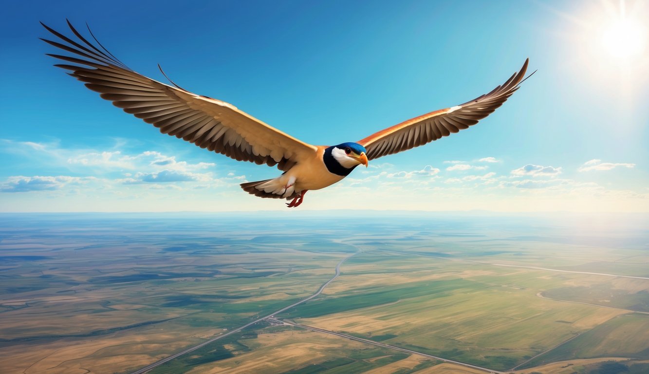 A bird soaring high above a vast, open landscape, with the sun shining and a clear blue sky, symbolizing freedom and liberation