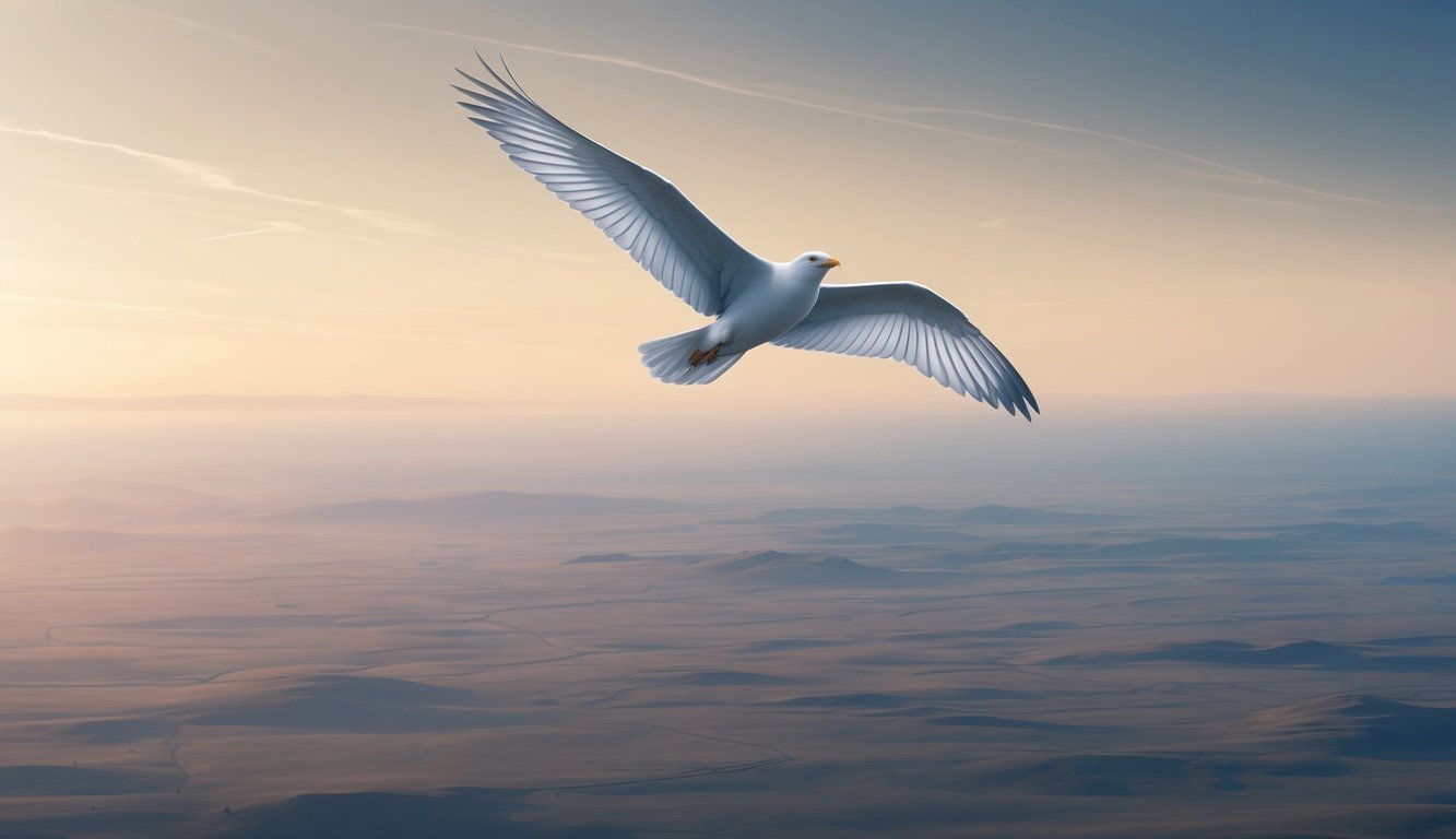 A lone bird soaring high above a vast open landscape, symbolizing freedom and independence