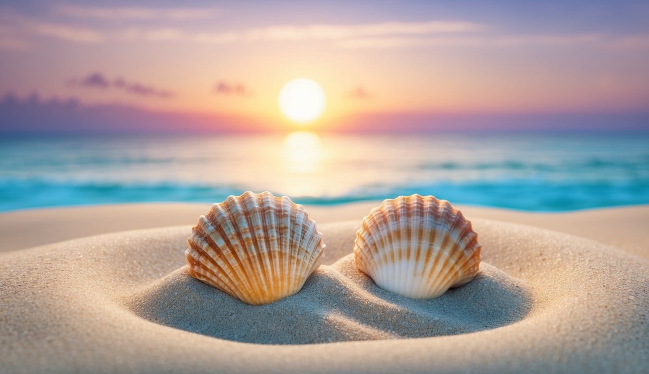 A serene sunset over a tranquil beach, with two seashells nestled together in the sand, symbolizing the rare and meaningful connection of true love