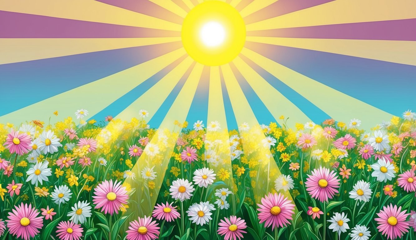 A bright sun shining down on a field of blooming flowers, with rays of light reaching out in all directions