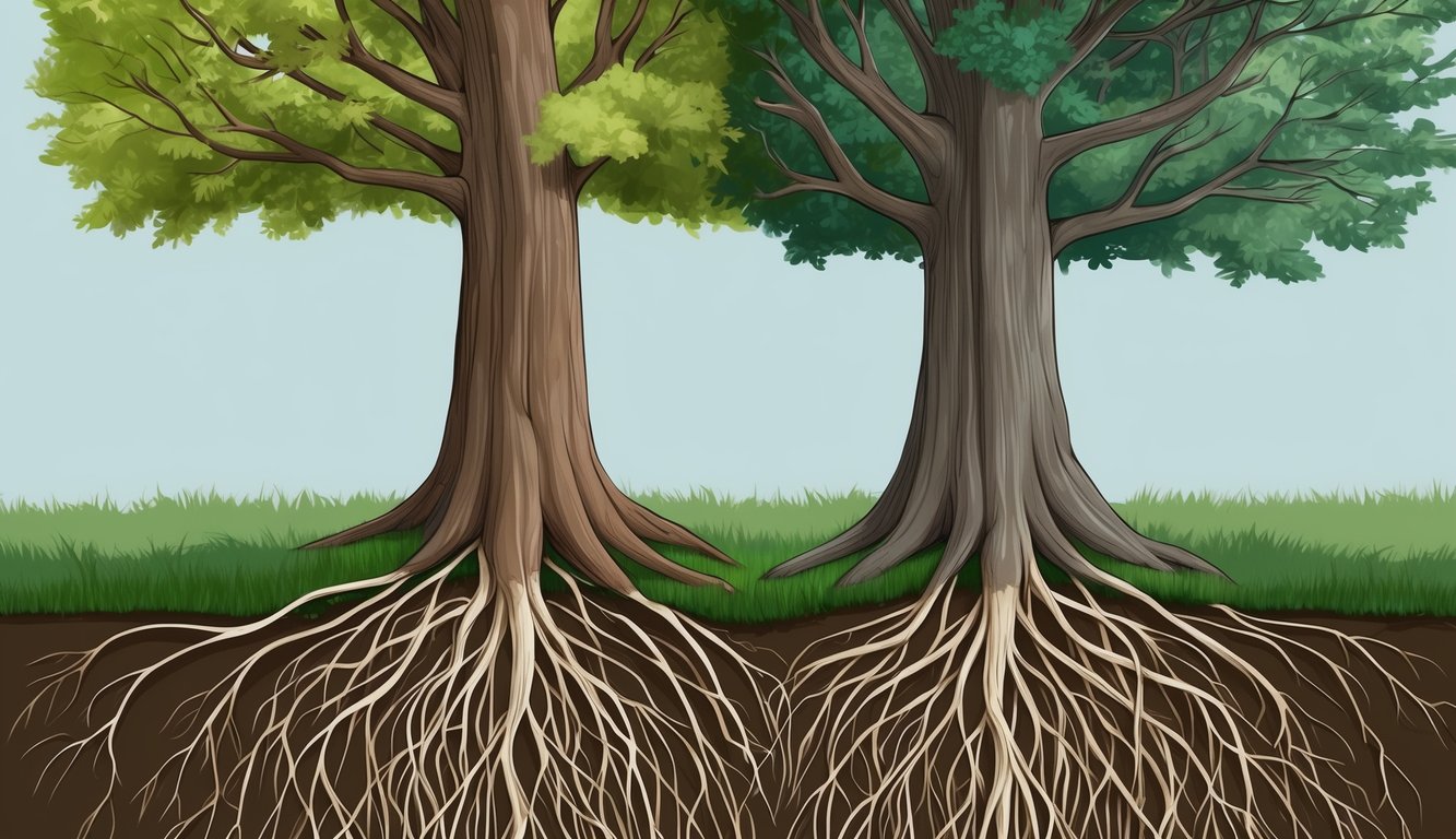 Two trees standing side by side, their roots intertwined beneath the earth, symbolizing a strong and unbreakable connection