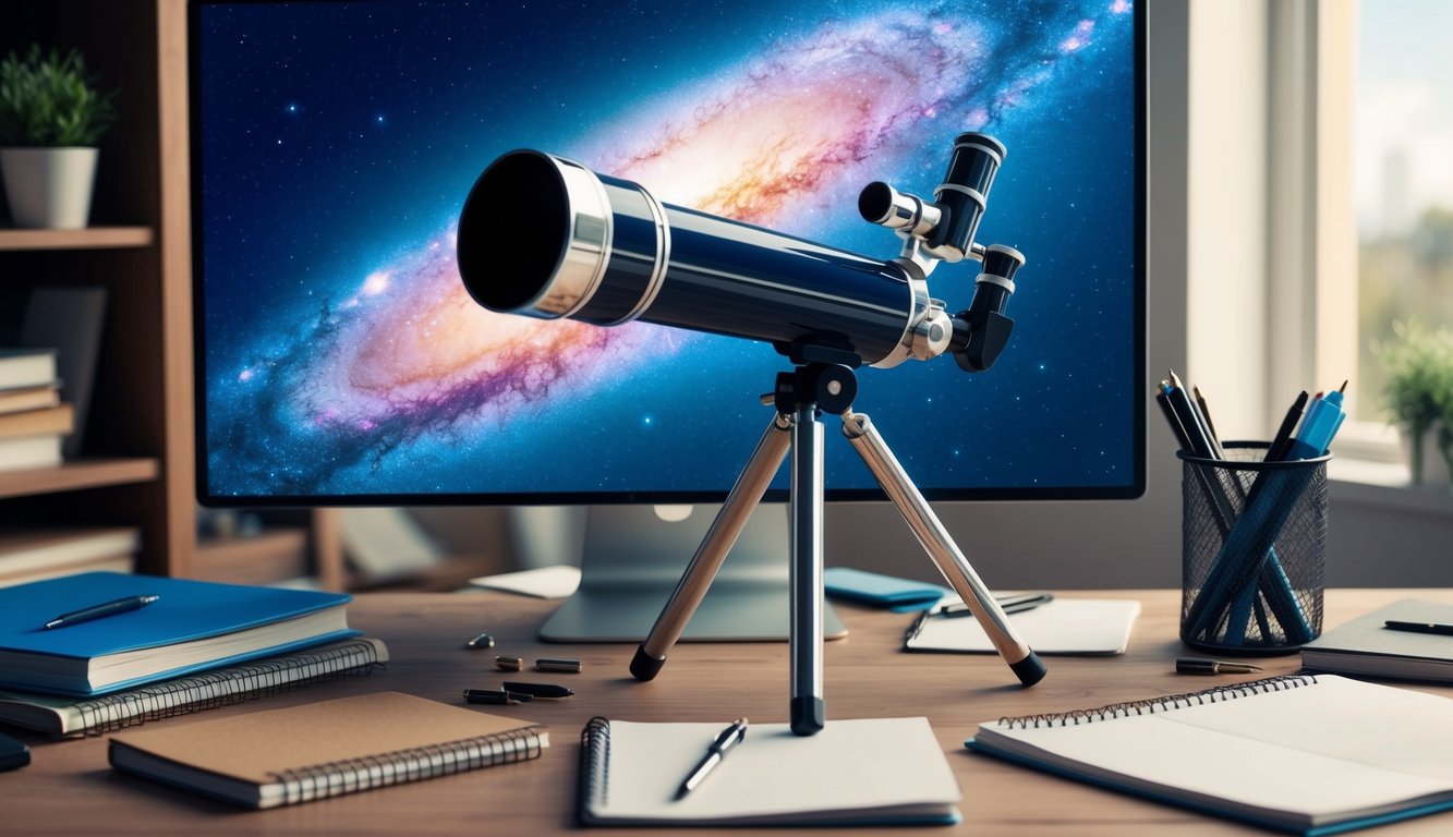 A telescope pointed at a distant galaxy, surrounded by a cluttered desk with notebooks and pens