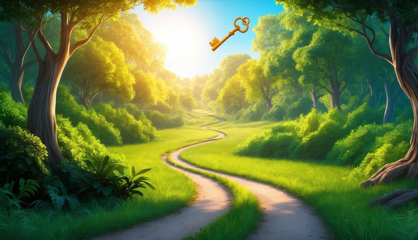 A winding path through a lush, sunlit forest, leading to a bright, open clearing with a glowing key floating in the air