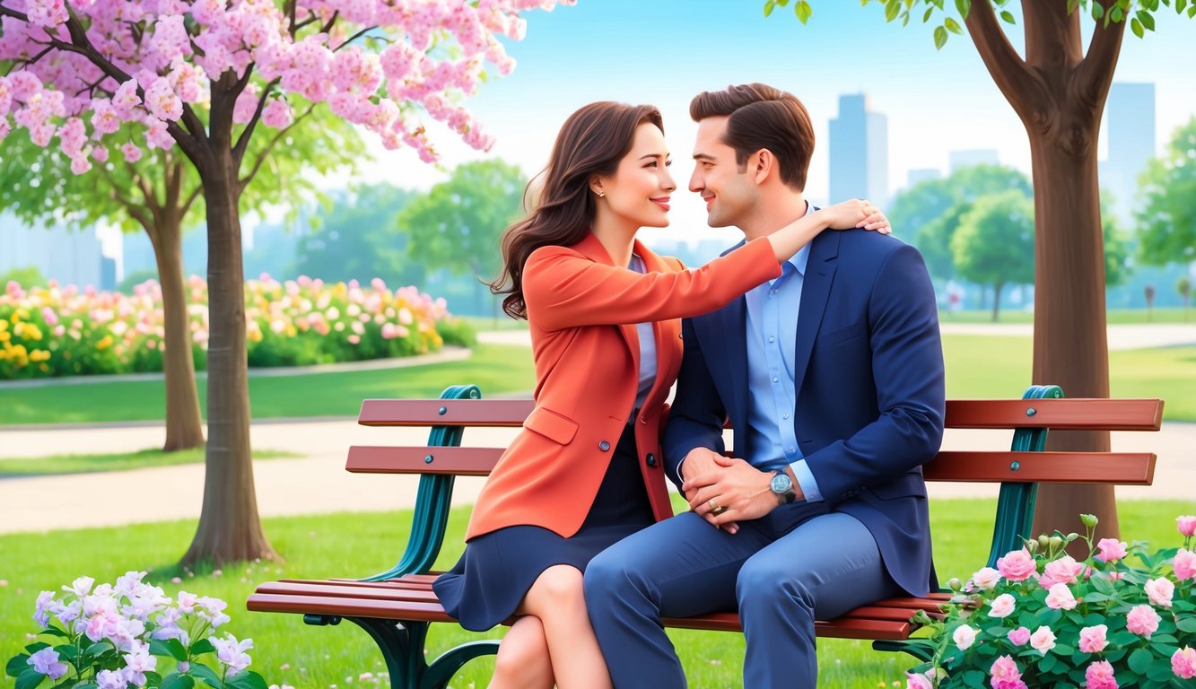 A couple sitting on a park bench, surrounded by blooming flowers and trees, gazing into each other's eyes with a warm embrace