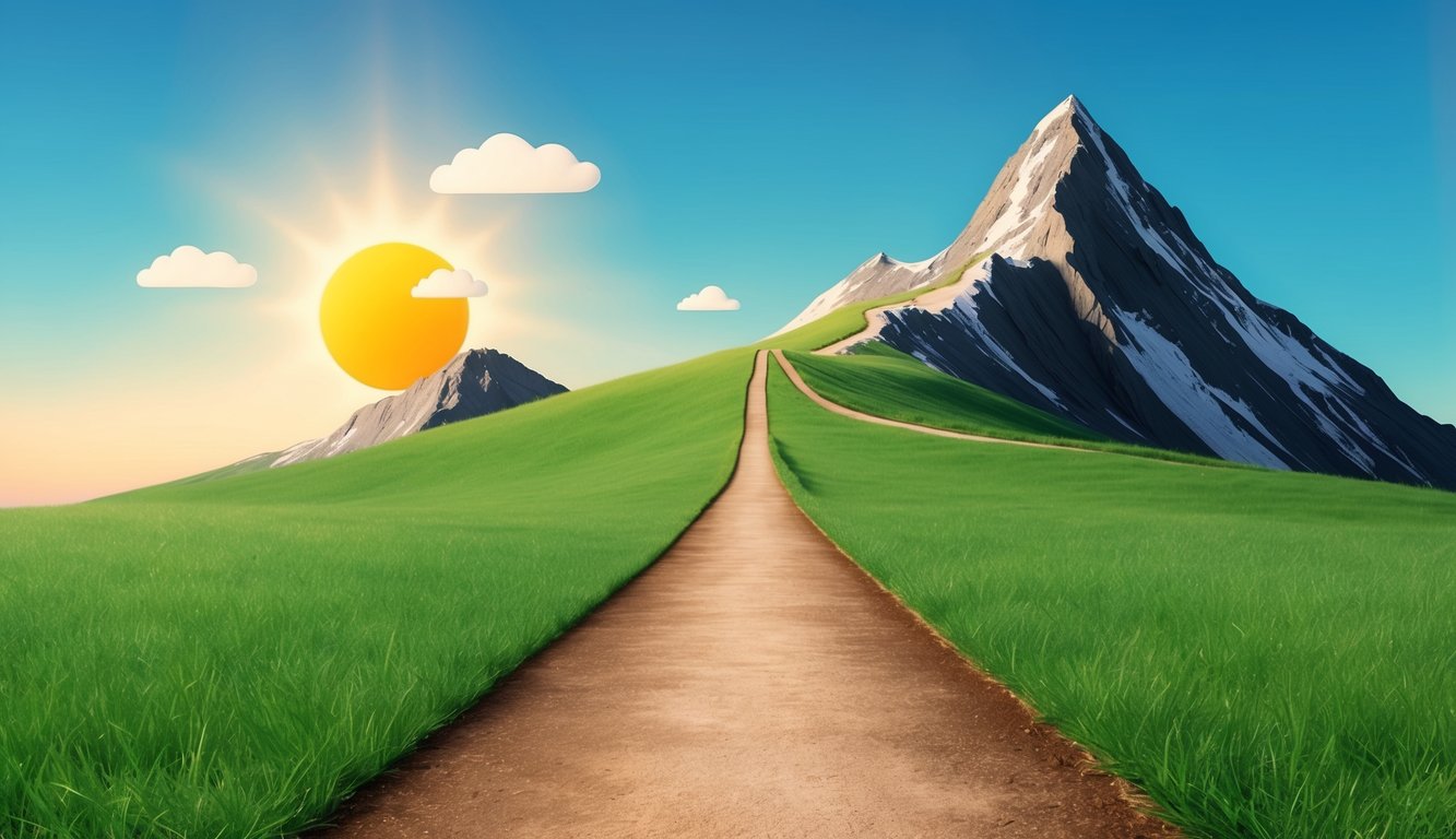 A clear path leading toward a mountain peak, with a shining sun and blue sky overhead, symbolizing the journey of setting and achieving goals