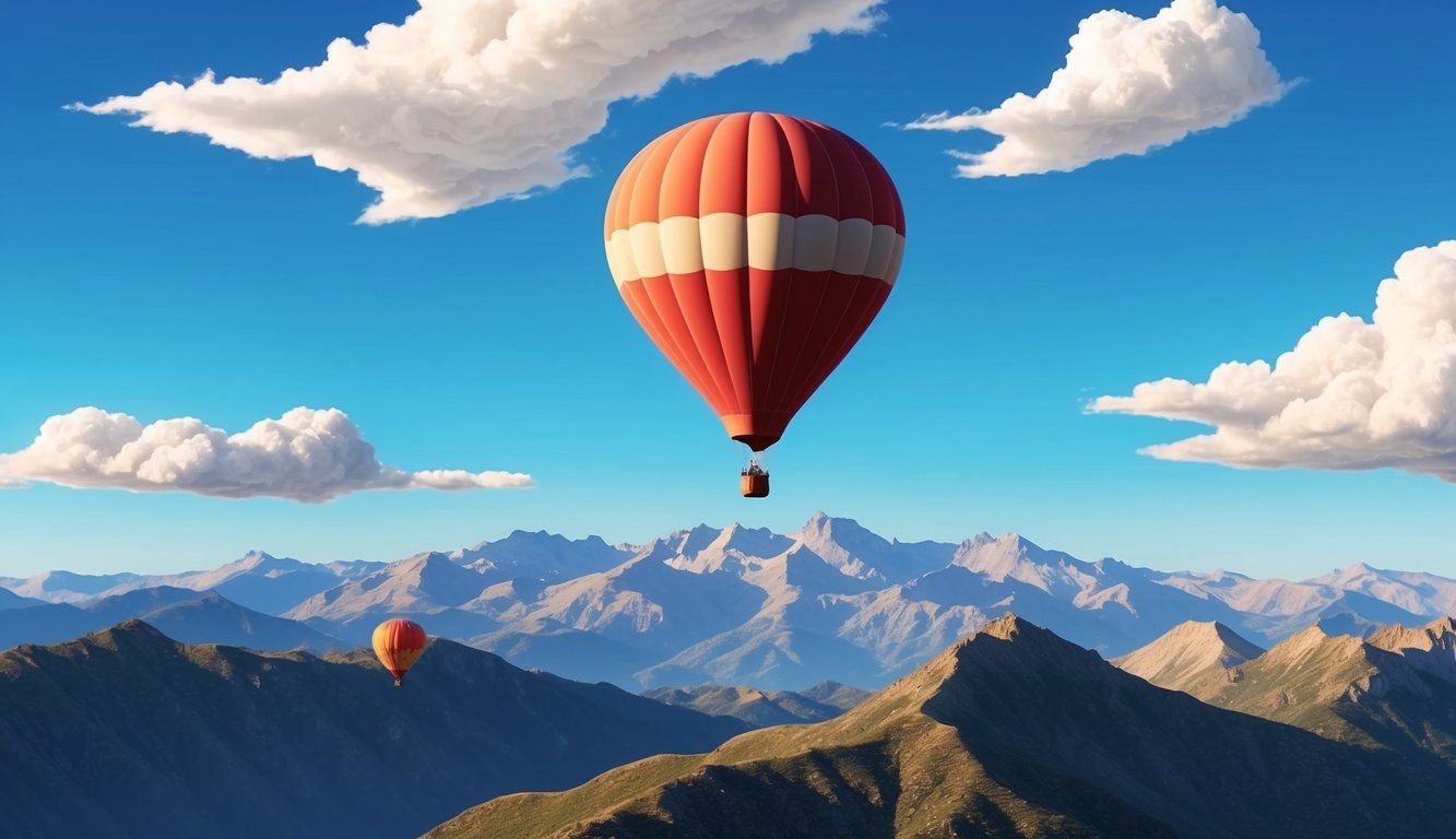 A soaring hot air balloon floating above a mountain range, with a clear blue sky and fluffy white clouds