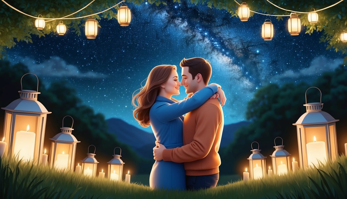 A couple embraces under a starry sky, surrounded by glowing lanterns and the soft glow of candlelight, their love evident in their tender gaze