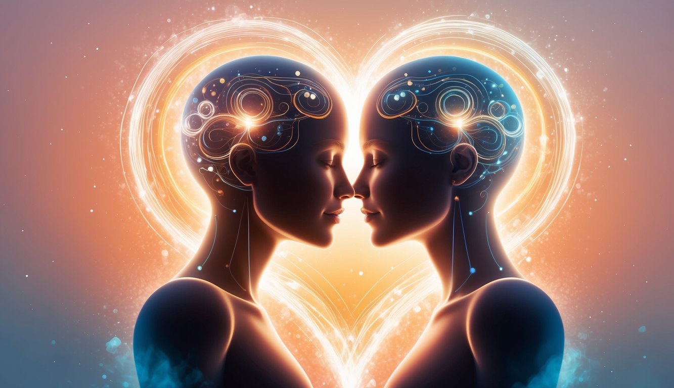 Two interconnected abstract souls, merging into one, surrounded by a glowing aura of warmth and love