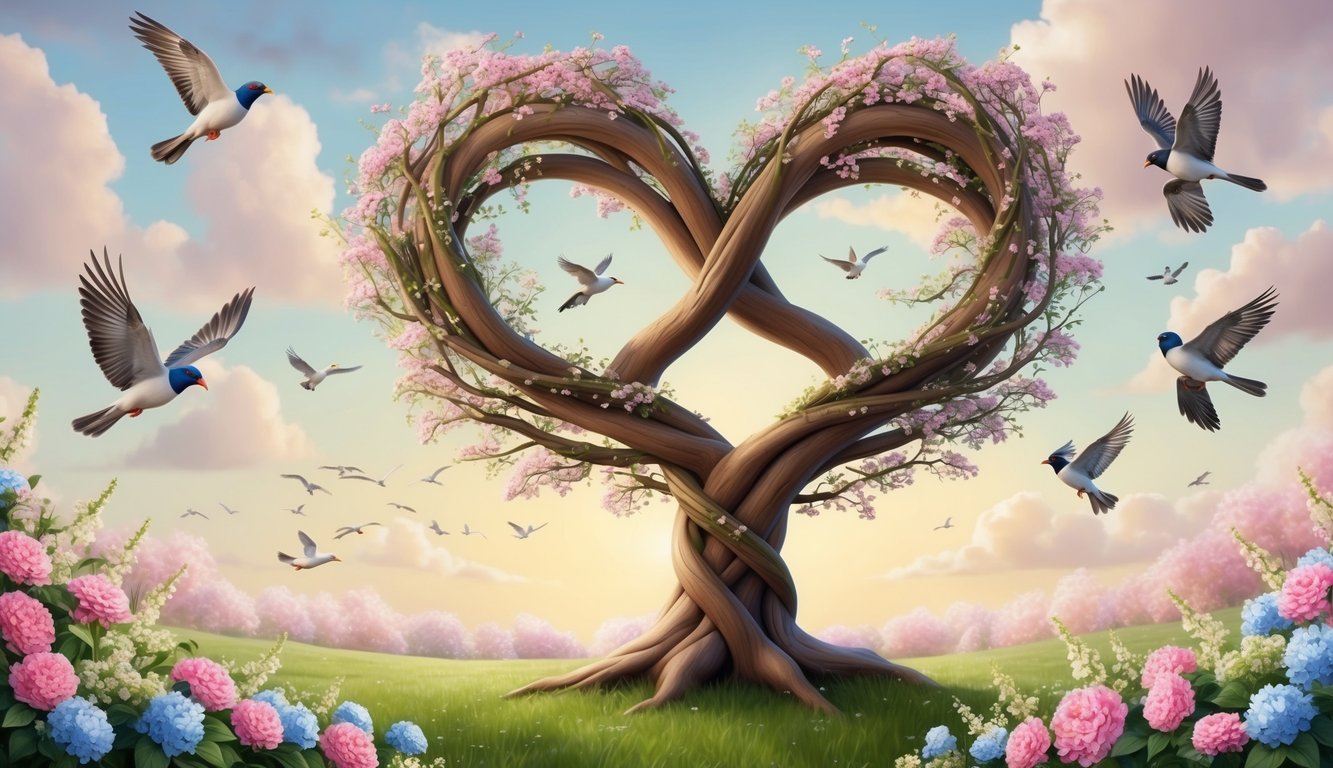 A heart-shaped tree with intertwining branches, surrounded by blooming flowers and birds in flight