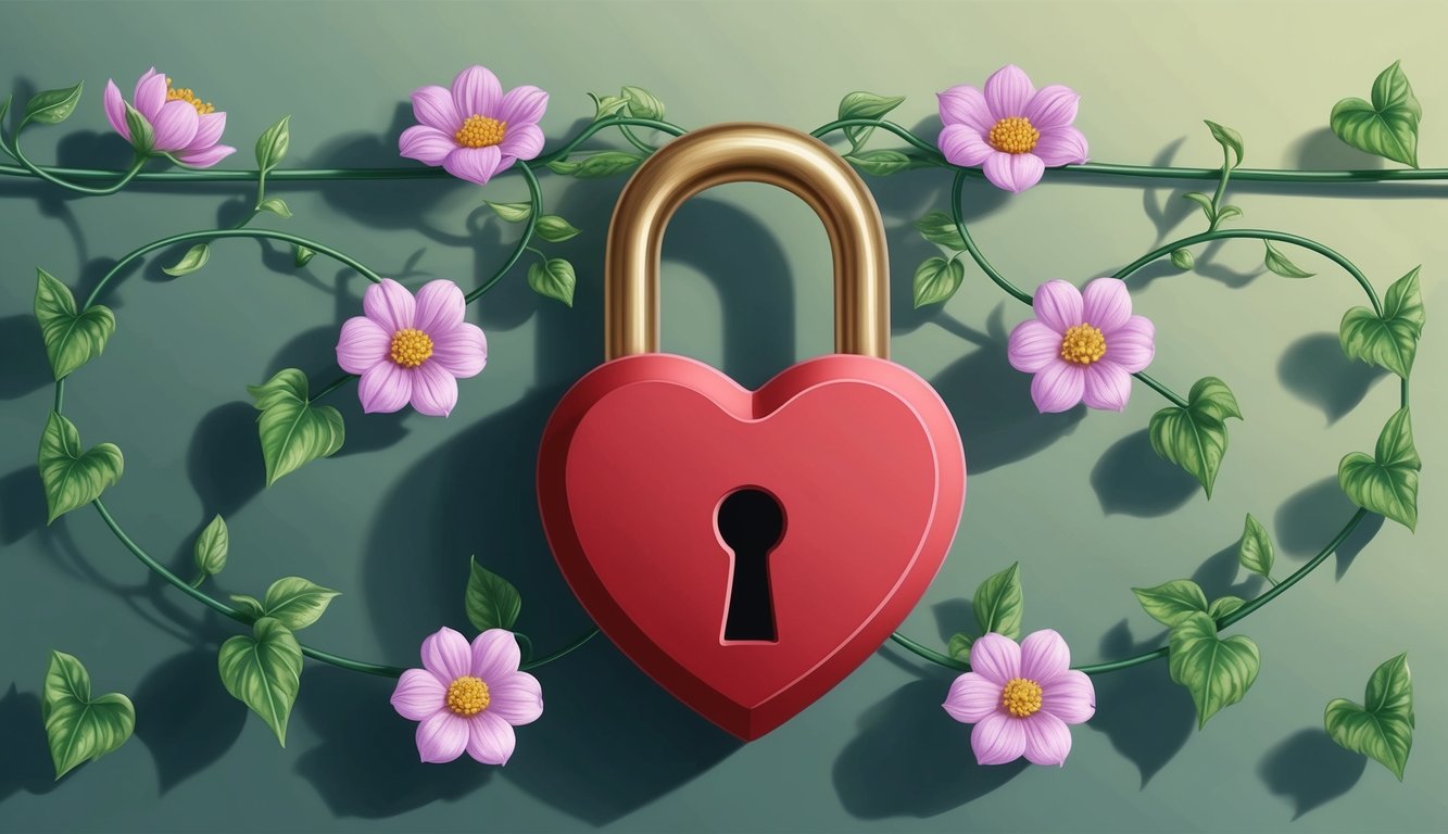 A heart-shaped lock with a keyhole, surrounded by a vine of blooming flowers and leaves, symbolizing the trust and love in relationships