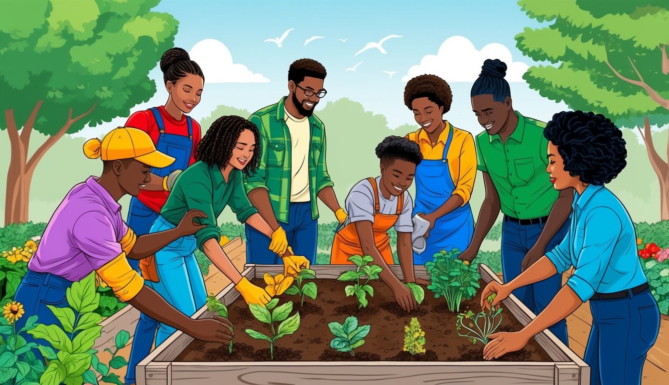 A group of diverse individuals working together to build a community garden, helping each other and showing compassion through their actions