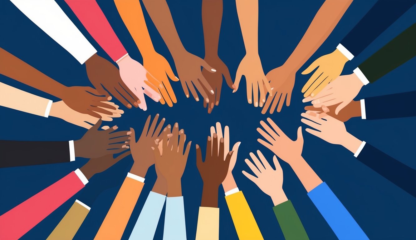 A group of diverse hands reaching out to support and lift one another up in a symbol of unity and service