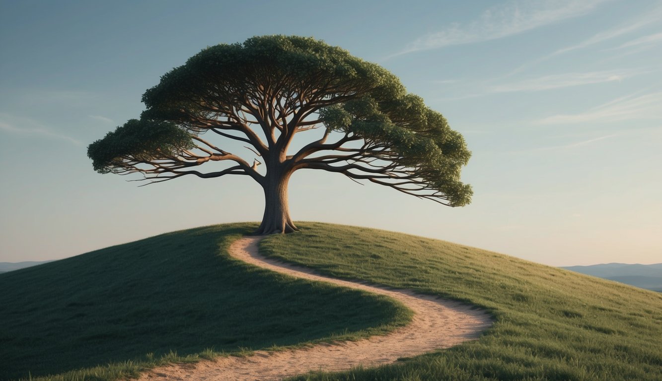 A lone tree stands on a hill, its branches reaching out in all directions, creating a unique and winding trail through the untouched landscape