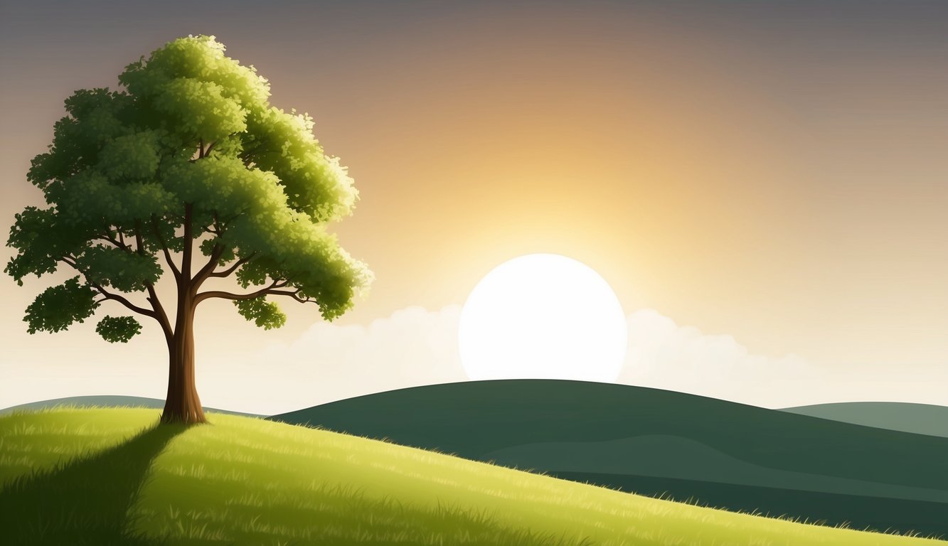 A lone tree stands on a hill, its branches reaching towards the sky.</p><p>The sun sets in the background, casting a warm glow over the landscape