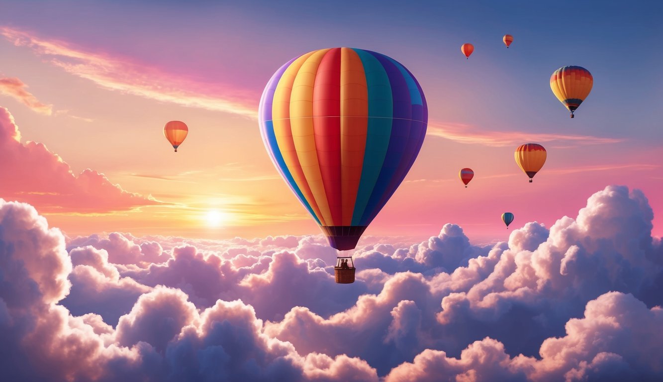 A colorful hot air balloon floating high in the sky, surrounded by fluffy white clouds and a vibrant sunset in the background