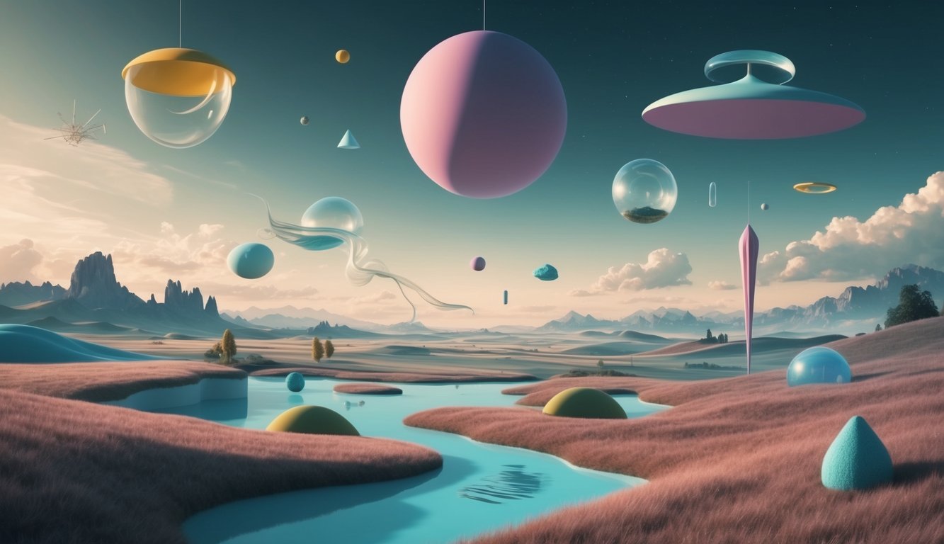 A dreamlike landscape with floating objects and surreal elements, evoking imagination and creativity