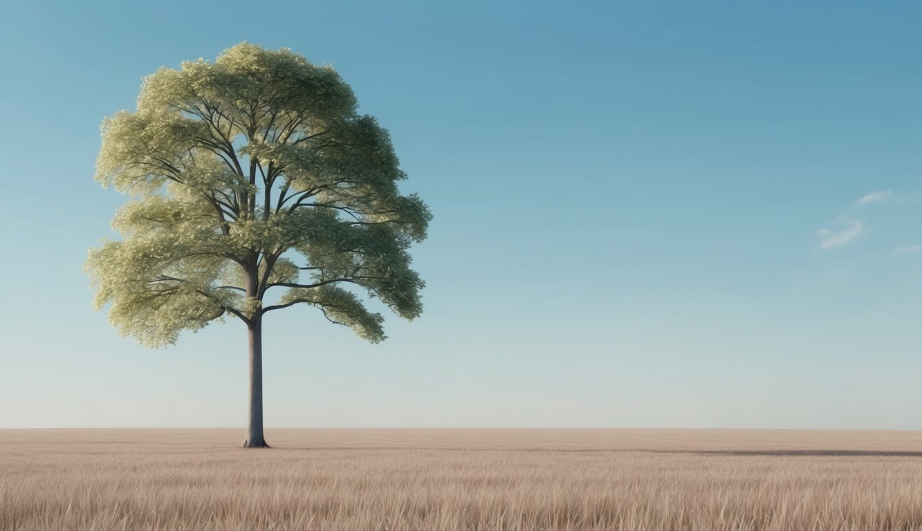 A lone tree standing tall in a vast, empty field, with a clear blue sky and a gentle breeze rustling its leaves