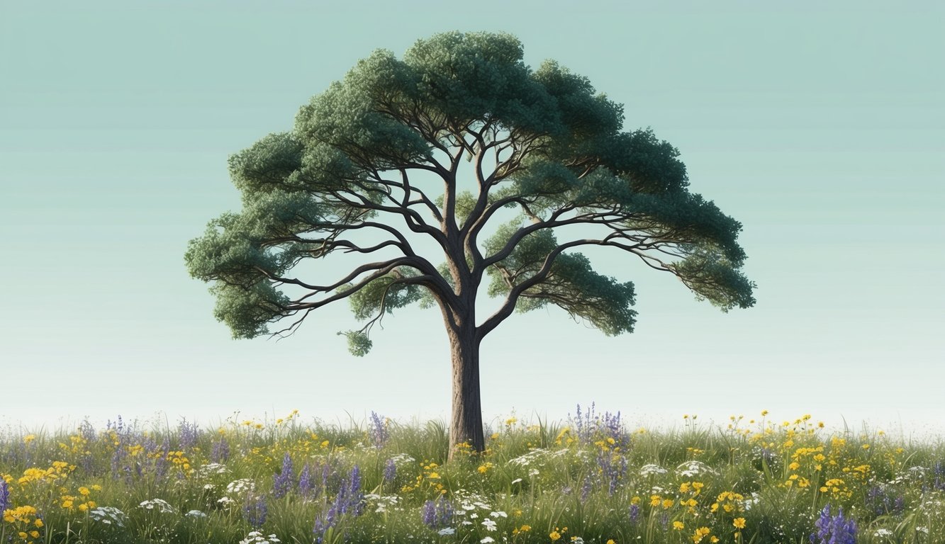 A lone tree standing tall amidst a field of wildflowers, symbolizing strength and integrity in the face of adversity