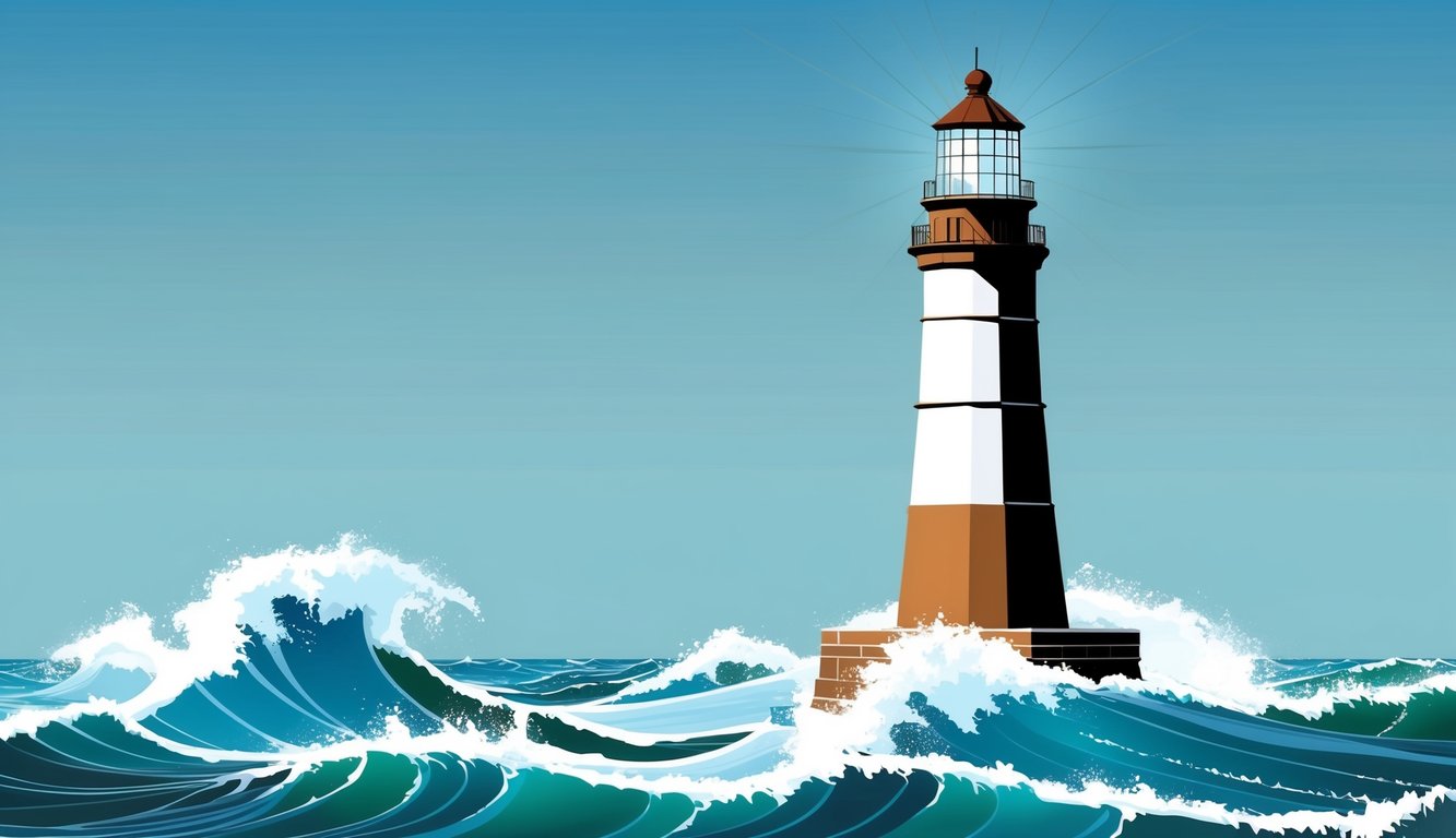 A lighthouse standing tall and strong against crashing waves, symbolizing the unwavering principles of honesty and integrity in the midst of life's challenges