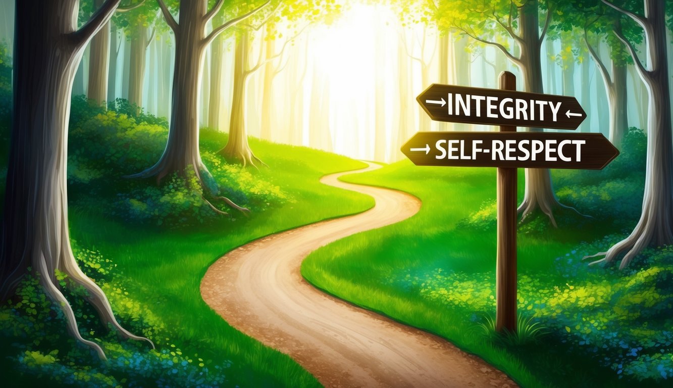 A winding path through a forest, with sunlight streaming through the trees, illuminating a signpost with the words "Integrity" and "Self-Respect" pointing in opposite directions