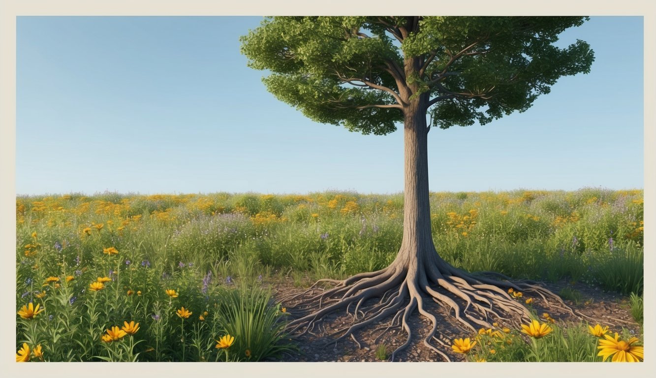 A lone tree standing tall amidst a field of wildflowers, with its roots firmly grounded in the earth and its branches reaching towards the sky